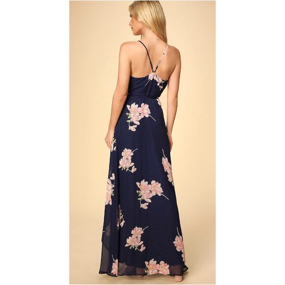 Lulu's Wrap Navy Blue Floral Print Polka Dot Loiselle Maxi Dress Size L - Picture 11 of 17